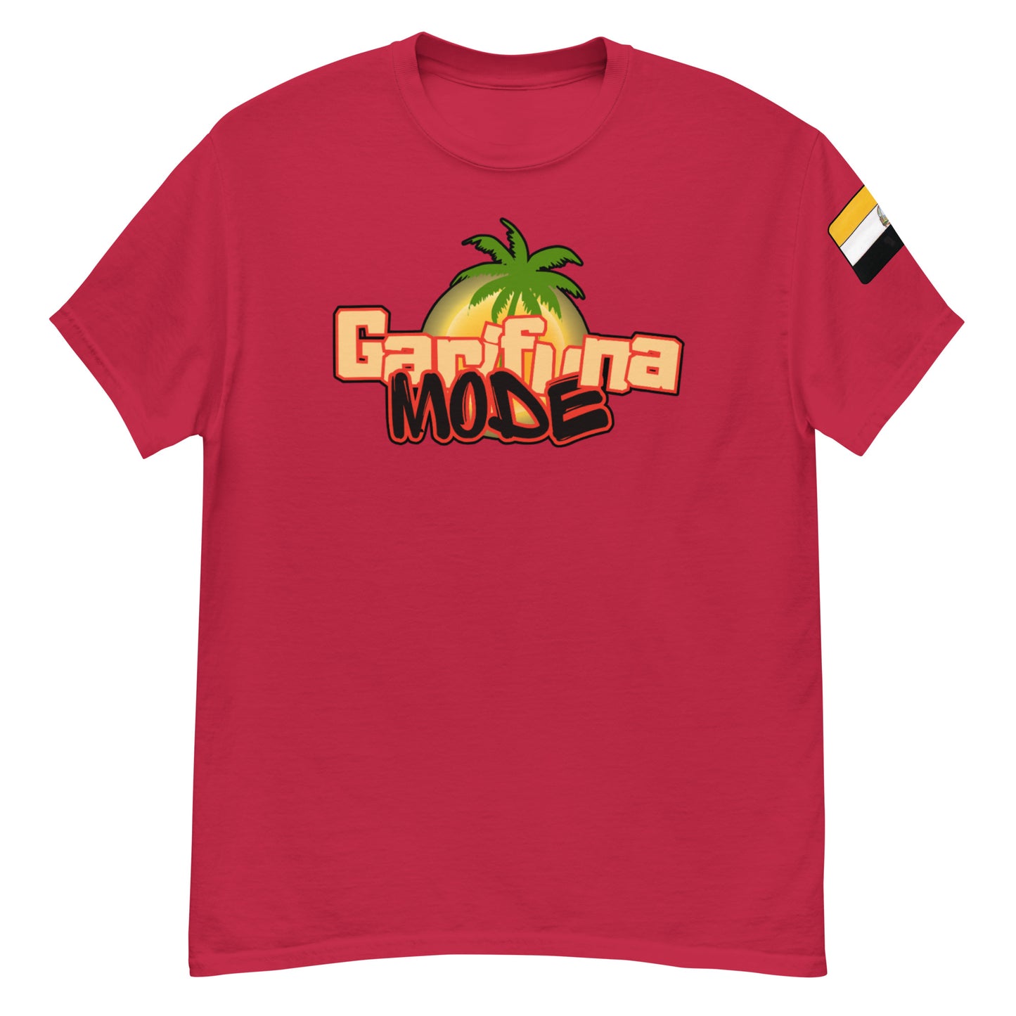 Unisex classic red tee featuring 'Garifuna MODE' graphic and palm tree design, perfect for trendy streetwear.