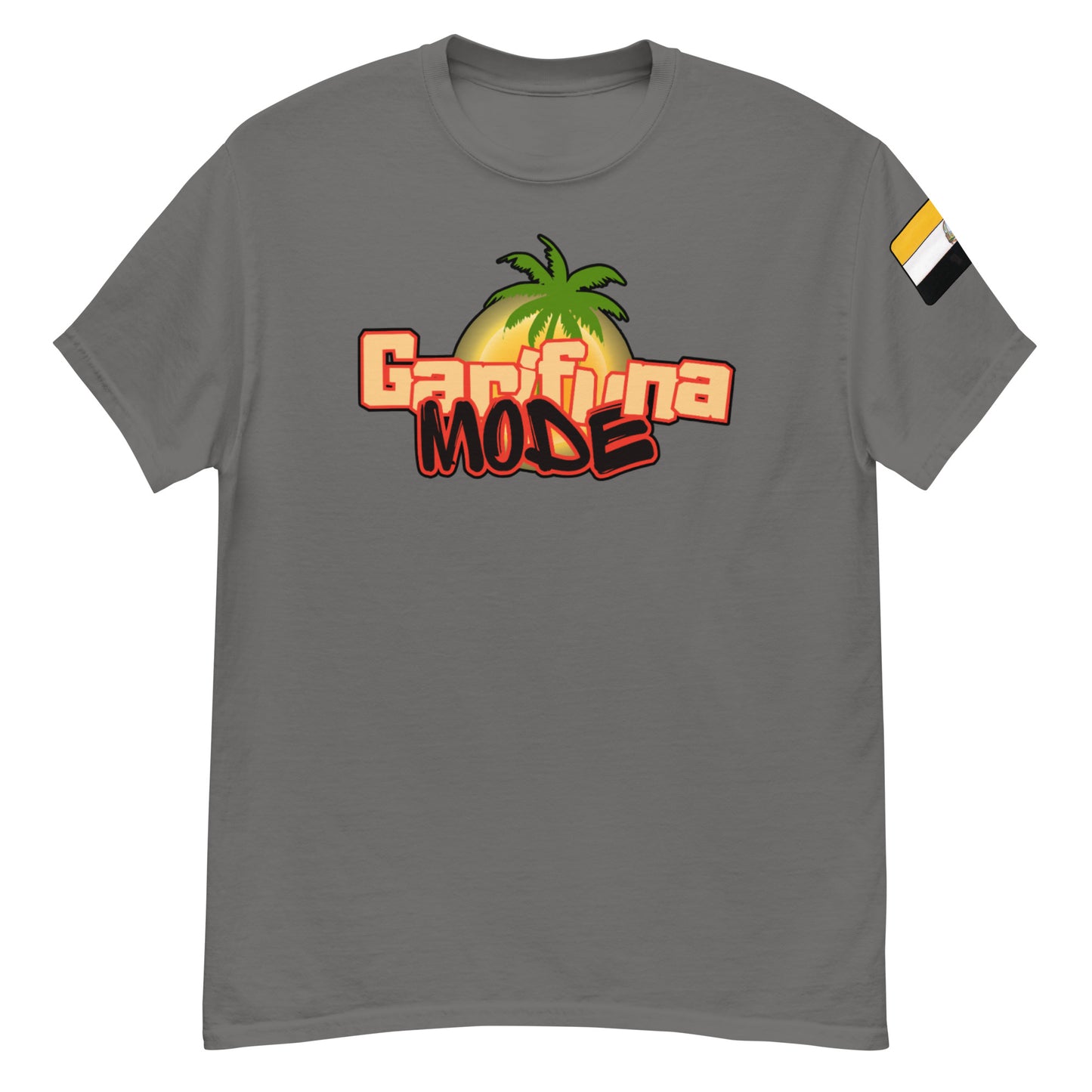 Unisex classic tee in Sport Grey featuring Garifuna Mode graphic design and palm tree logo, perfect for trendy streetwear.