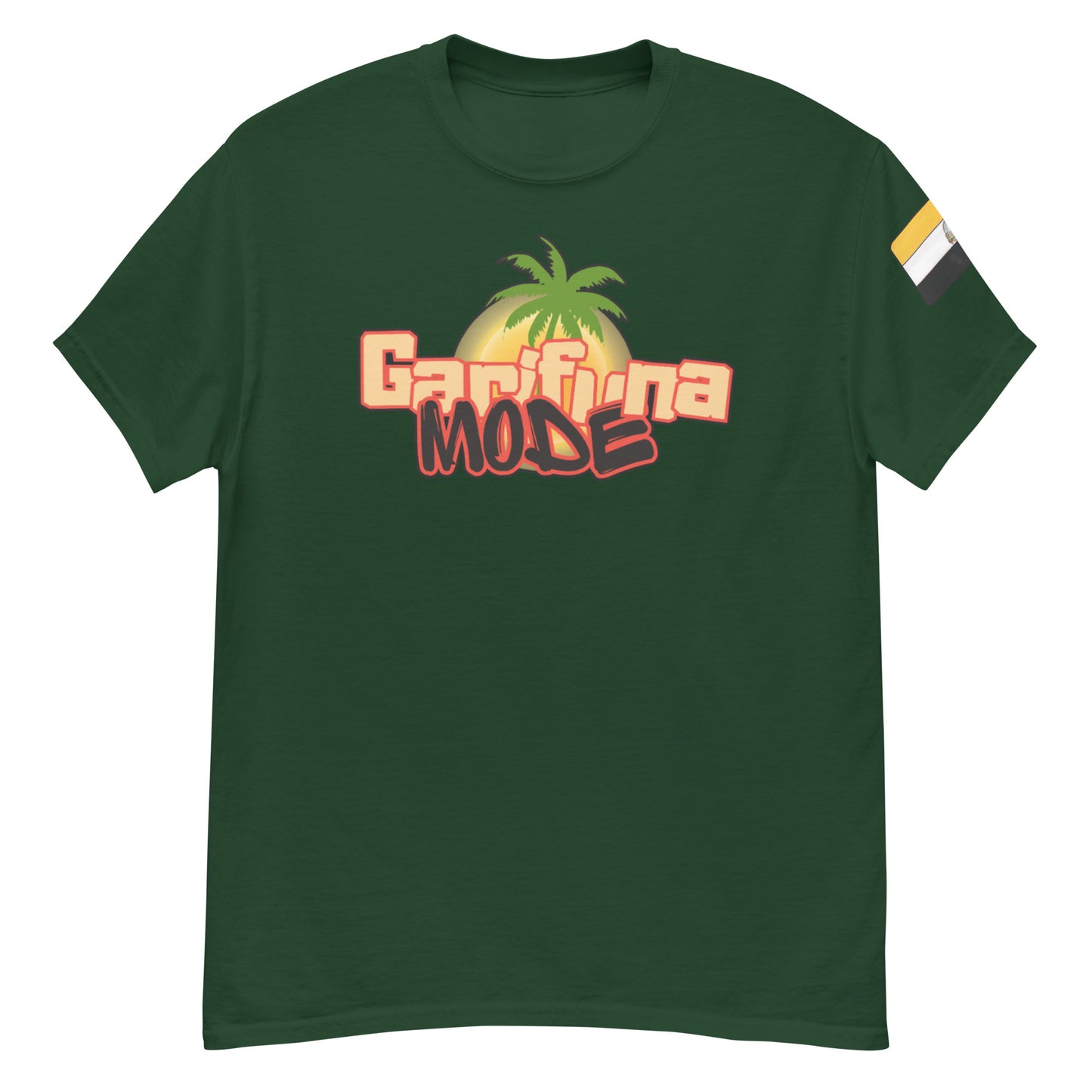 Unisex classic tee in green featuring Garifuna Mode graphic with palm tree design and stylish accents.