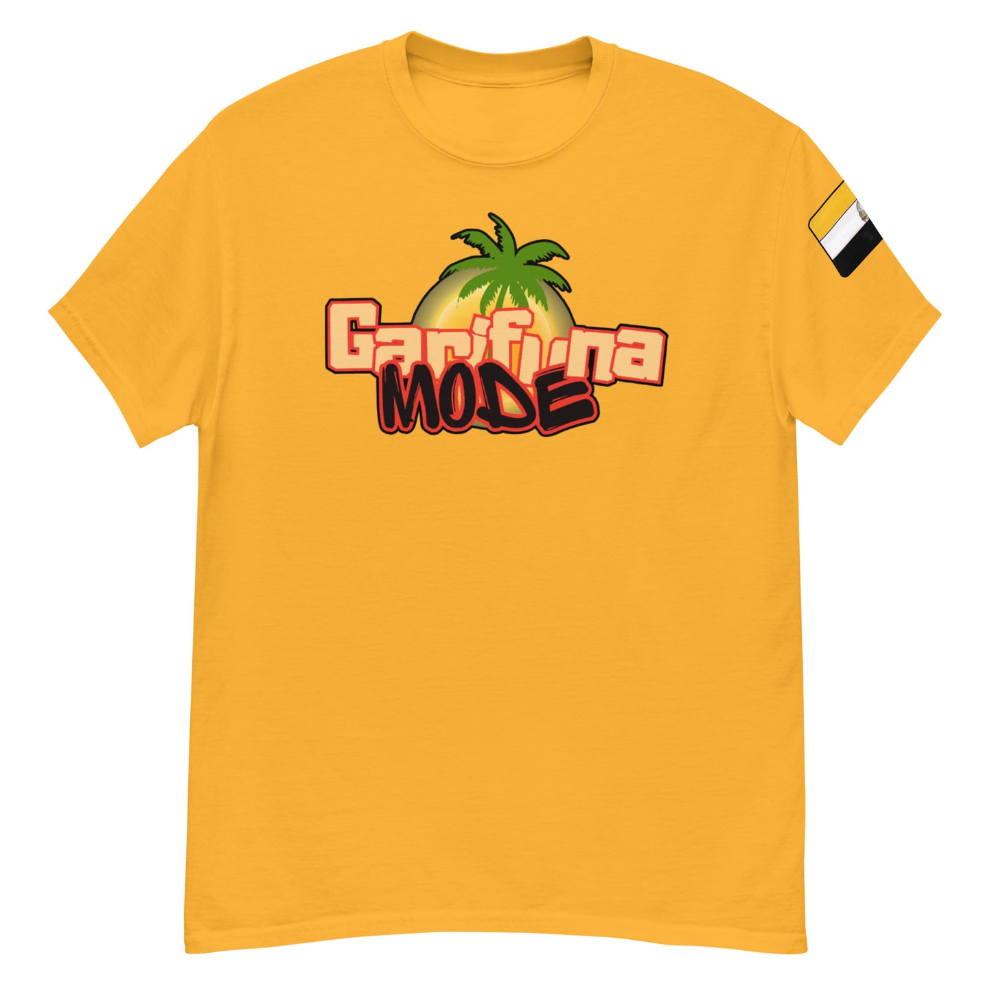 Unisex classic yellow tee featuring Garifuna Mode logo with palm tree, perfect for trendy streetwear.