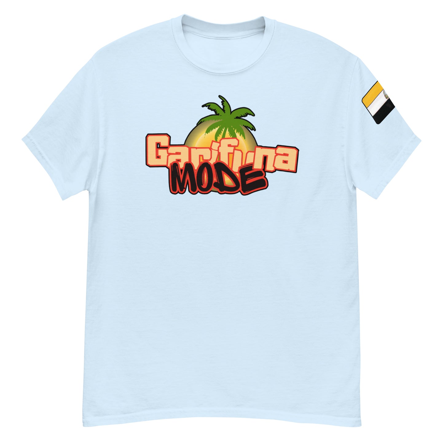 Unisex classic tee in light blue featuring 'Garifuna Mode' graphic with palm tree design.