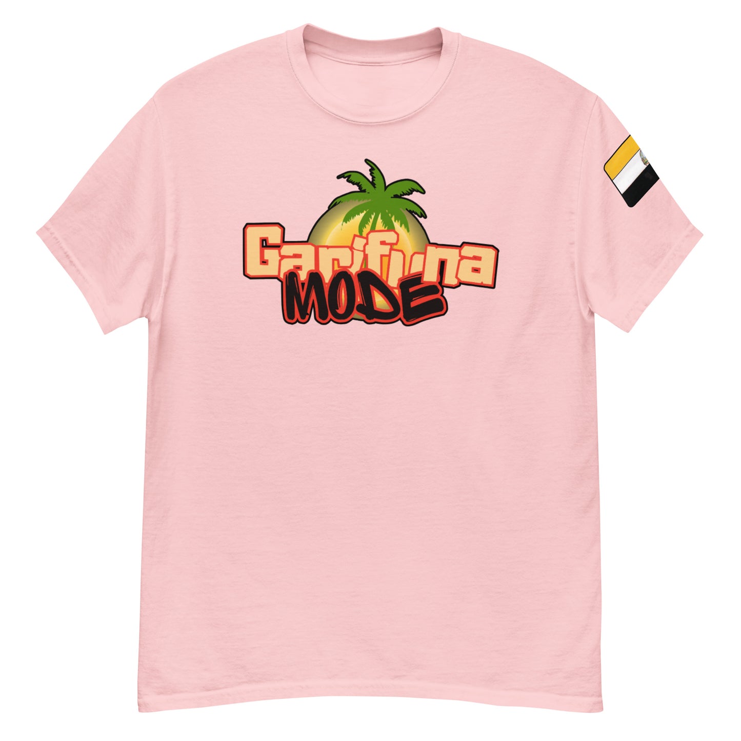 Unisex classic tee in pink with Garifuna Mode logo and palm tree design, perfect for trendy streetwear.