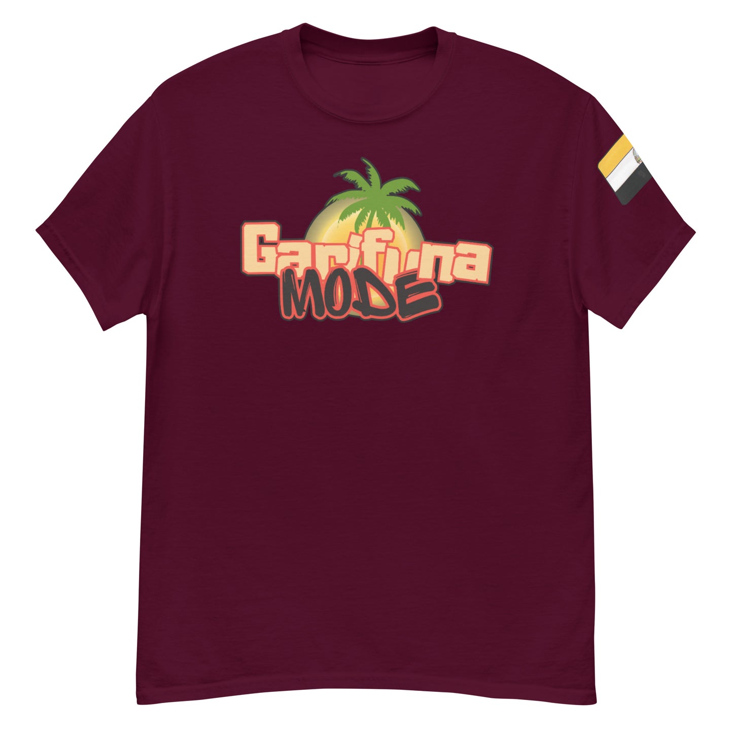 Unisex classic tee in maroon with Garifuna Mode graphic and palm tree design, ideal for streetwear fashion.