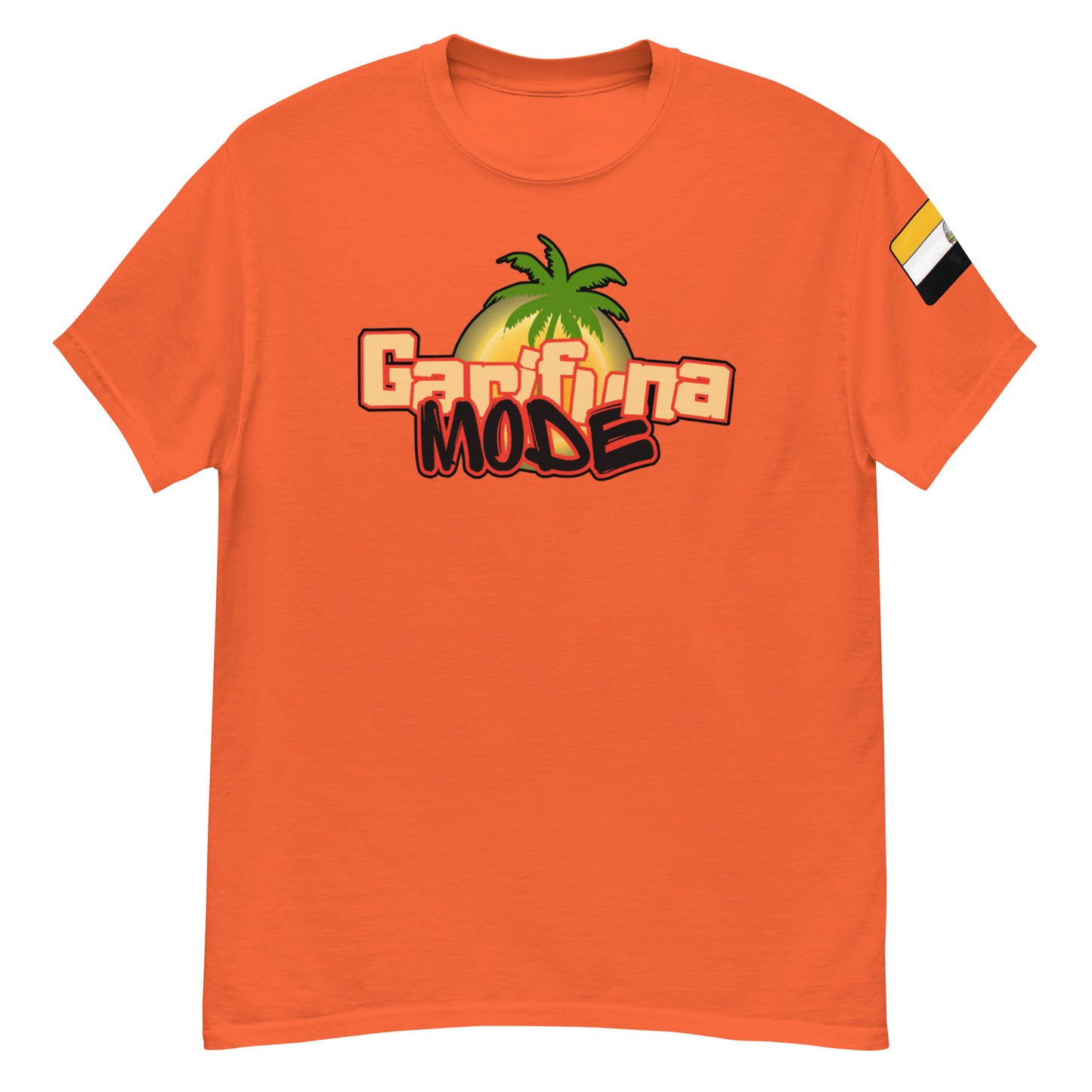 Unisex classic orange tee featuring Garifuna Mode graphic with palm tree design on front.