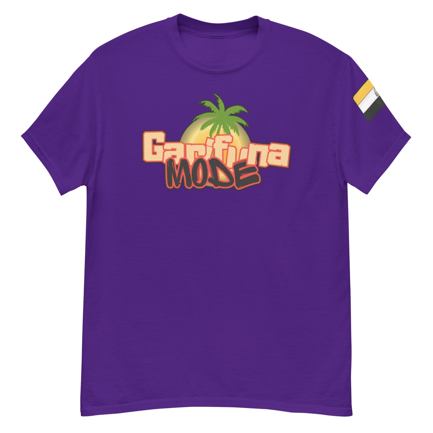 Unisex classic tee in purple featuring 'Garifuna MODE' design with palm tree and colorful sleeve accents.