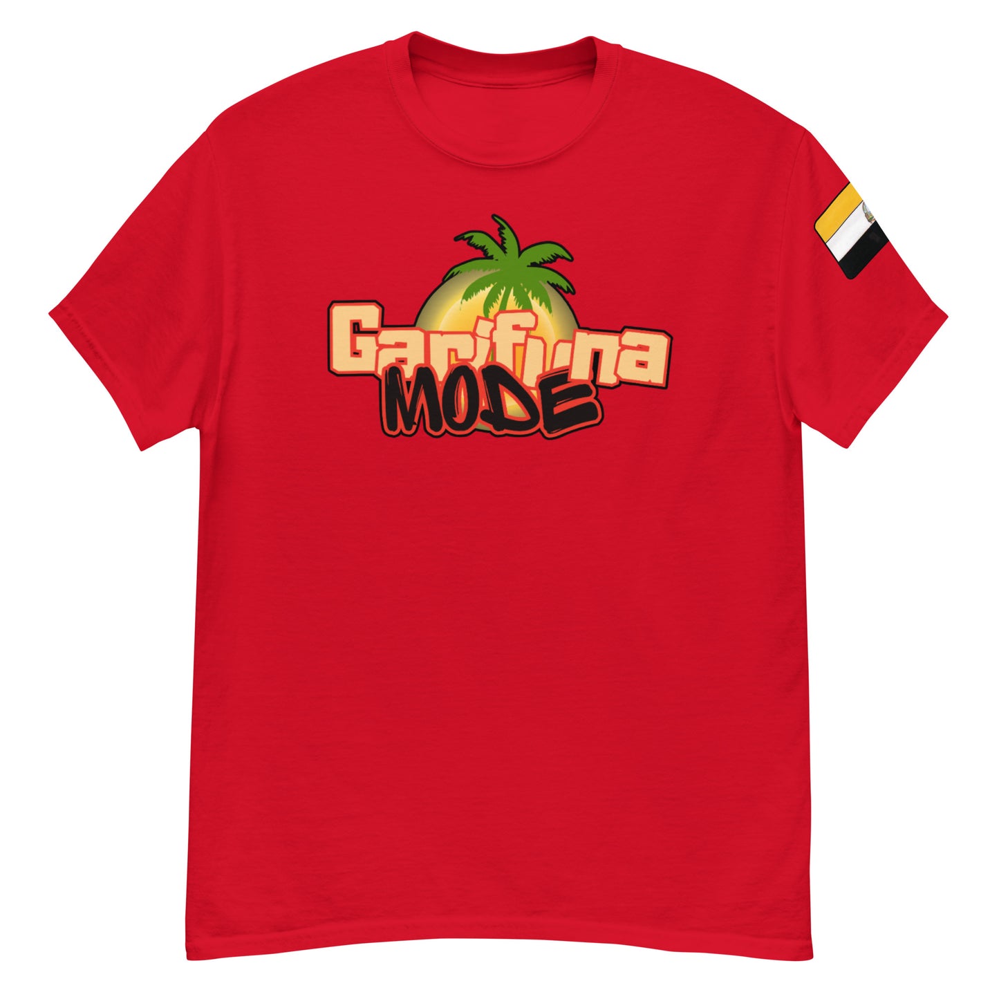 Unisex red classic tee featuring Garifuna Mode graphic and colorful sleeve detail.