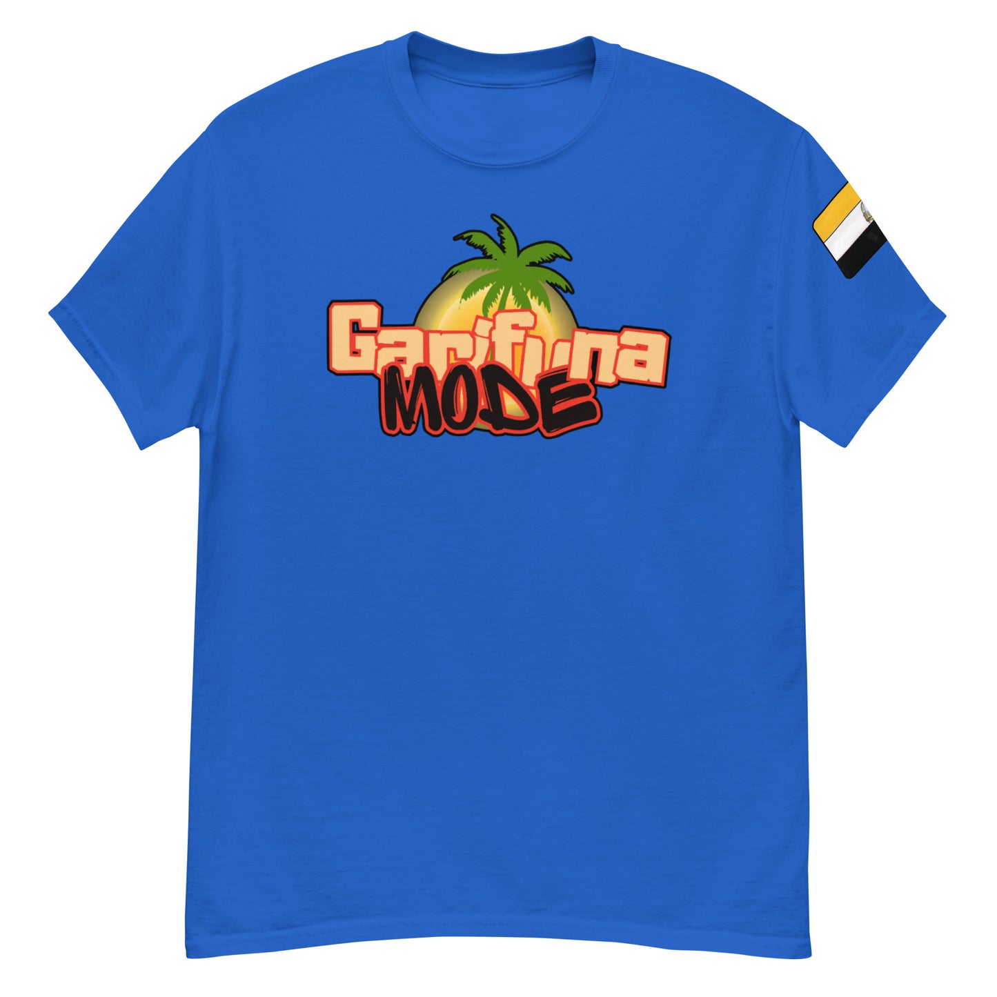 Unisex classic tee in blue with Garifuna Mode logo and palm tree design, perfect for trendy streetwear.