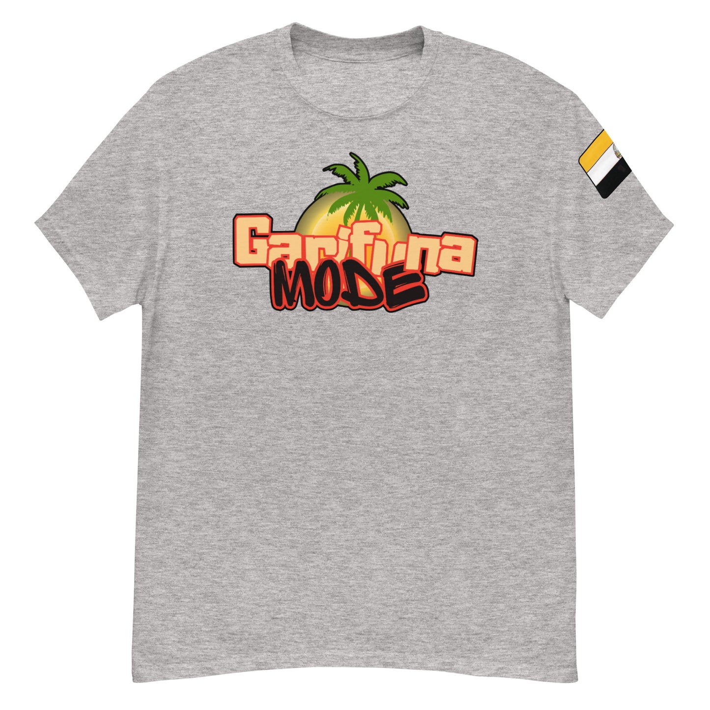 Unisex classic grey cotton tee featuring Garifuna Mode graphic with palm tree design.