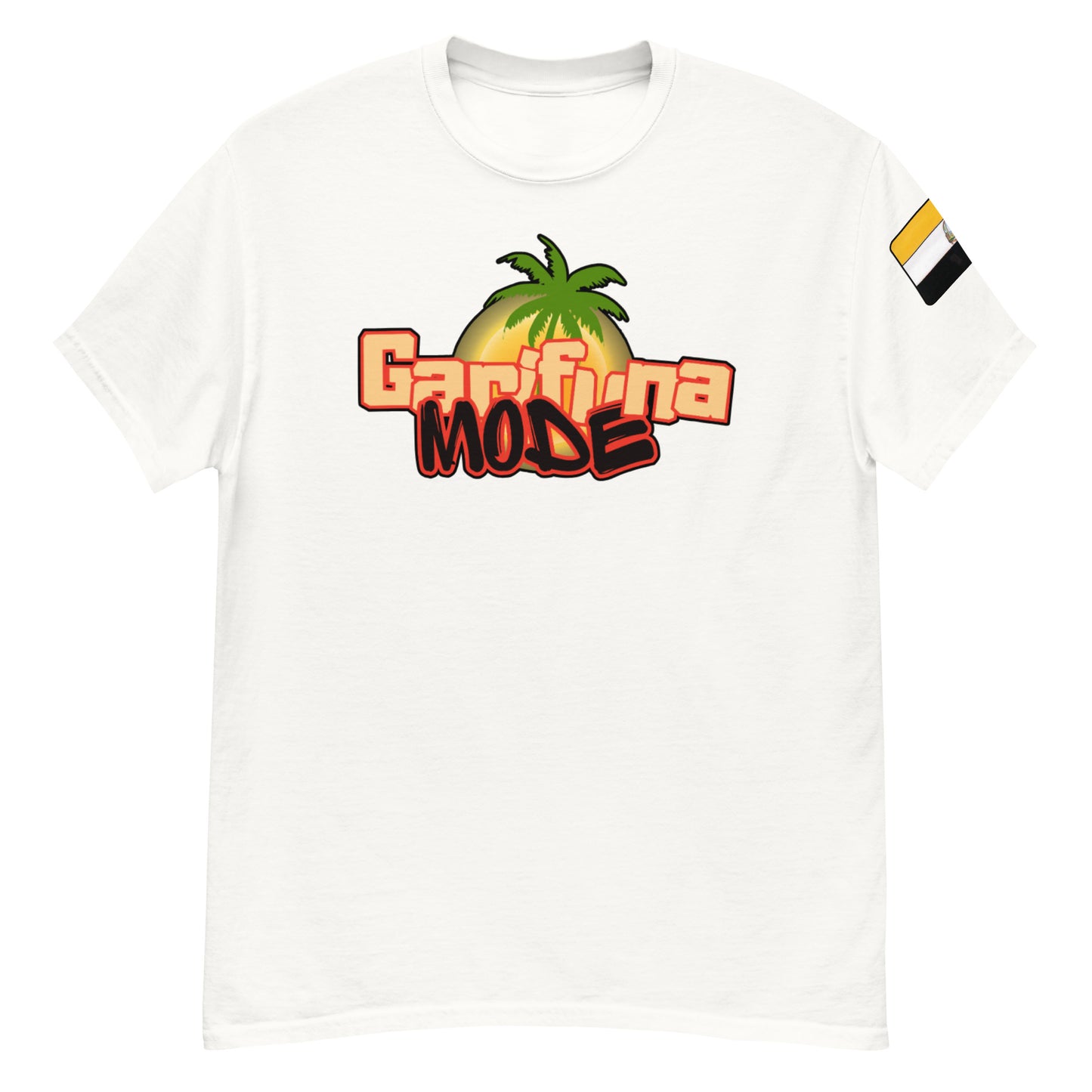 Unisex classic tee featuring Garifuna Mode graphic with palm tree design on a white background.